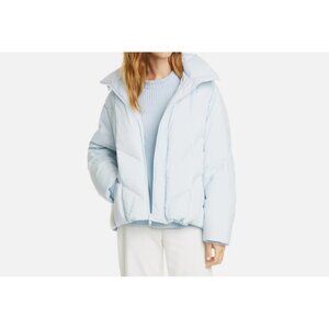 Vince Glacier Blue Puffer Down Jacket Womens LARGE Hooded Straps Winter Coat